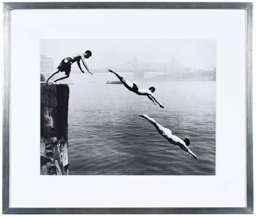 Arthur Leipzig: (American, 1918-2014) Divers East River, 1948, signed and stamped print verso, gelatin silver print, 16 x 20 in.; silver finished wood frame, 22-1/2 x 27 in. Provenance: Jackson Fine Art Atlanta (labe