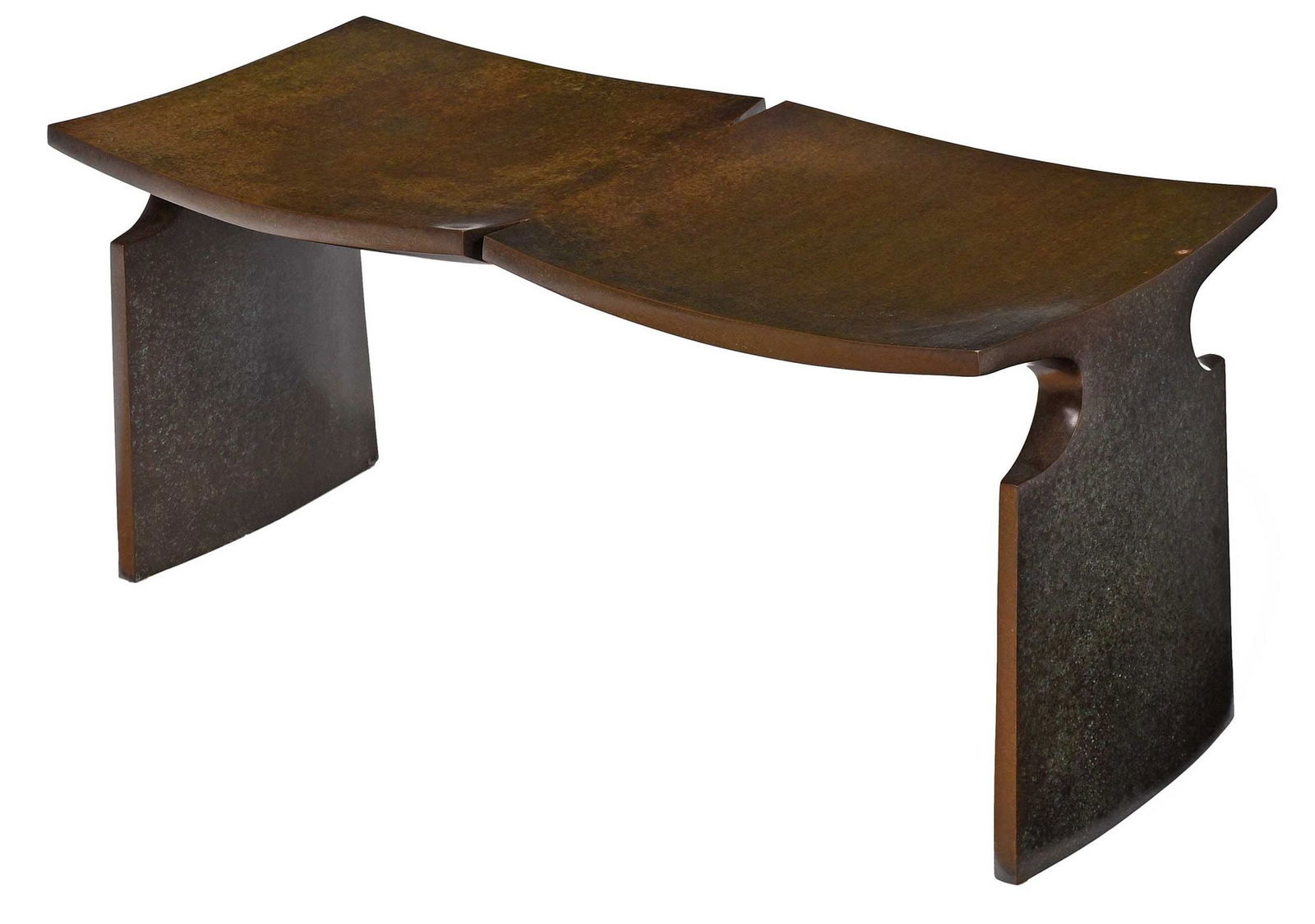 David Ebner Cast Bronze Bench: 2002, signed "D.N.E., '02, 4/15", two panel concave seat, shaped trestle base, wax finish, 16-3/4 x 36 x 15 in. Provenance: Pritam & Eames, East Hampton, 2002; Private Collection, New York