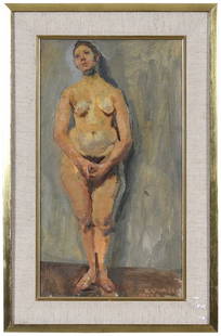 Raphael Soyer: (New York, 1899-1987) Nude, circa 1965, signed lower "Raphael Soyer", oil on canvas, 18 x 10 in.; parcel gilt wood frame, 22-5/8 x 14-3/4 in. Provenance: Private Collection