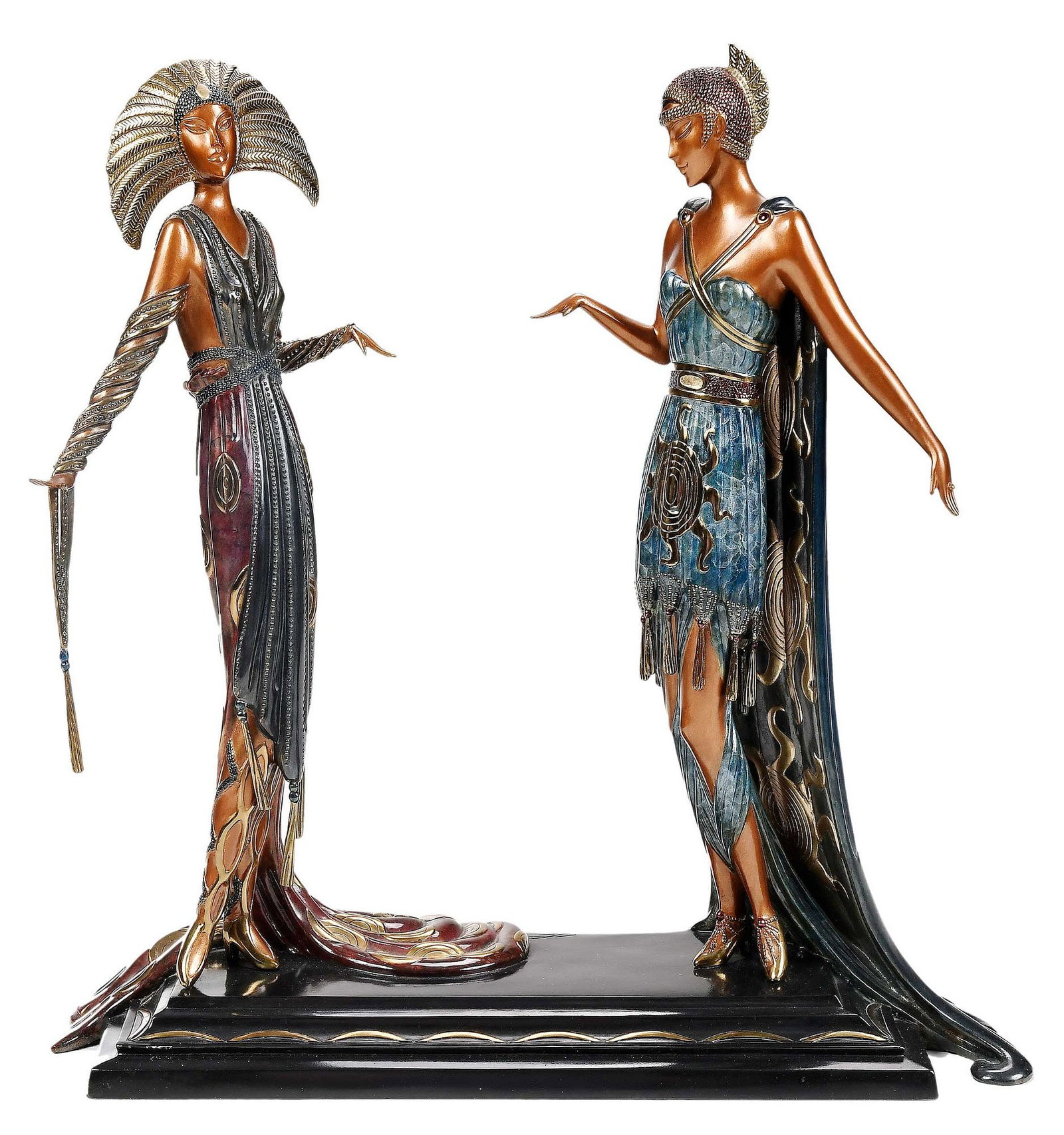Erte Bronze: (Romain de Tirtoff, Russian, 1892-1990) Two Vamps, 1990, edition 419/500, signed "Erte", Finale Collection, Dyansen Corp., publisher, foundry mark for The Sevenarts Ltd., London, polychromed bronze, 1