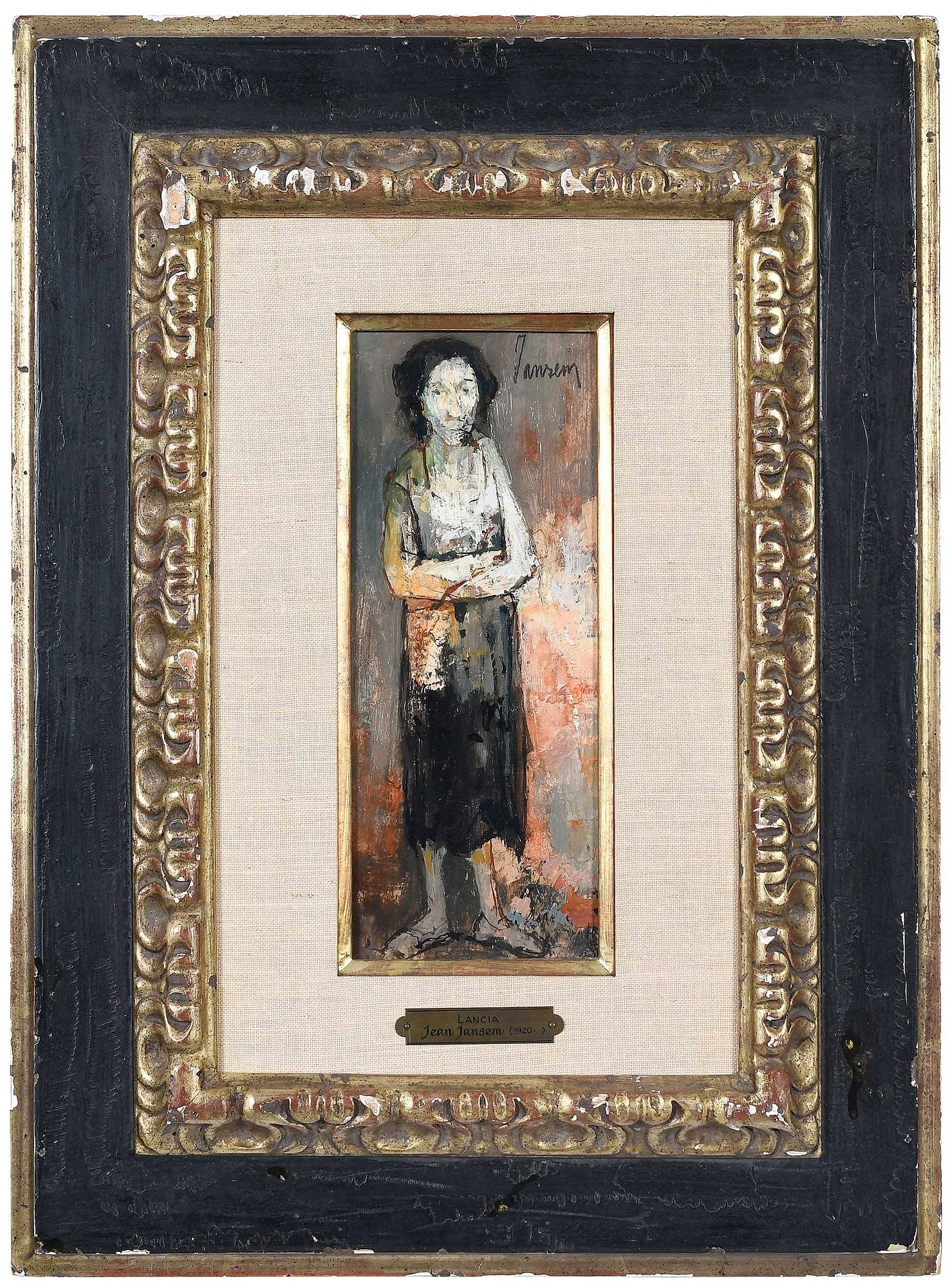 Jean Jansem: (French, 1920-2013) Lancia, signed upper right "Jansem", oil on canvas, 10-7/8 x 5-1/8 in.; original painted and parcel gilt wood frame, inscribed with exhibition notes, 19-1/4 x 14-1/4 x 1-3/4 in. Pr