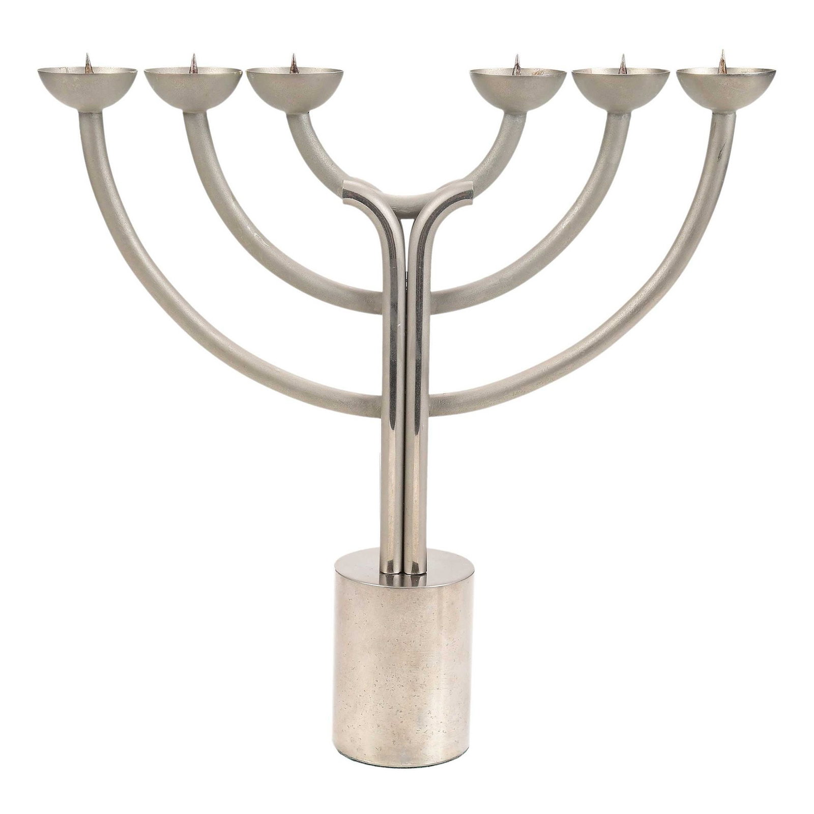 Modern Six Light Candelabra: 20th century, with detachable cylindrical base, patinated metal, marked near attachment point with base "FP" and illegible signature, 15-1/4 x 15 in. Provenance: Private Collection
