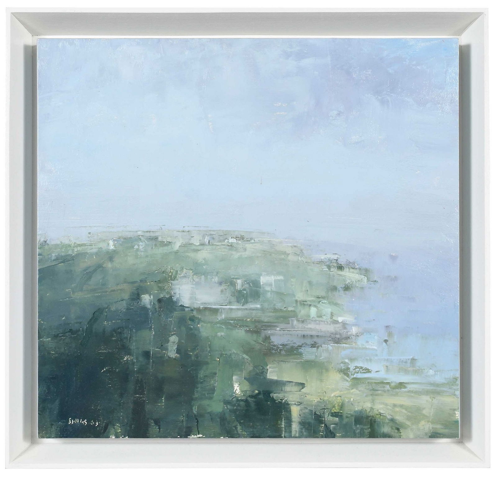 Stuart Shils: (Pennsylvania, born 1954) Killala Bay from Carrowmore, 2003, signed lower left "Shils 03", oil on paper laid on board, 12-1/4 x 13 in.; white painted wood gallery frame,14-1/8 x 15 x 2 in. Provenance: