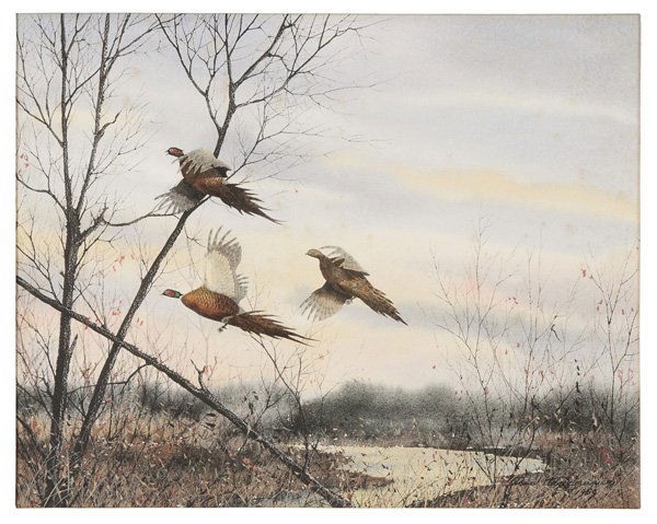 David Hagerbaumer: (California, born 1921) Creek Bottom Flurry (Pheasants), Ohio, 1959, signed lower right "David Hagerbaumer/1959" and titled on verso of mat, watercolor on paper, 15 x 19-5/8 in.; original frame, some