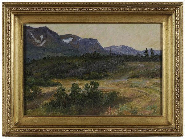 Joseph Henry Sharp: (New Mexico/Ohio, 1859-1953) Evening in Blackfoot Country, unsigned, oil on canvas, 12 x 18 in.; modern gilt wood frame, restretched on new stretcher, crackle; frame with abrasions Provenance: Gerald