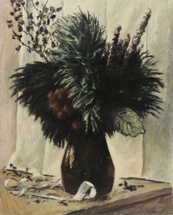 Alexander Brook: (New York, 1898-1980) Potted Plants, signed lower right "A. Brook", oil on canvas, 36-1/4 x 29 in.; wood lattice frame, abrasions at edges, original stretcher and tacking edge, minor flaking Provenanc