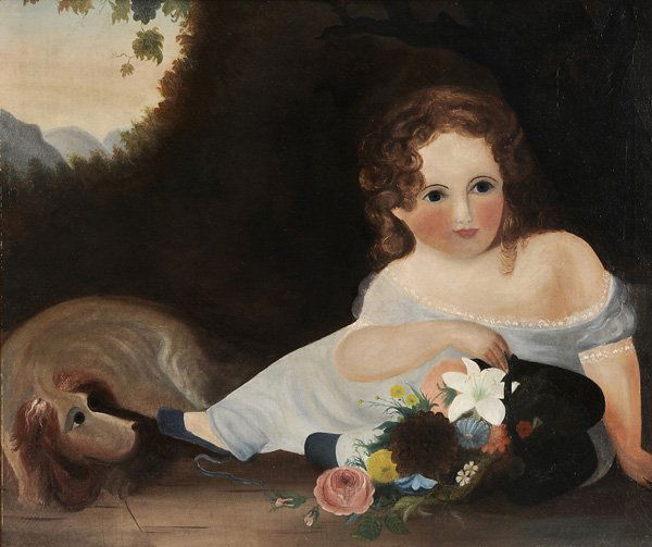 After Thomas Sully: (American, 1785-1872, 19th century) Miss Nellie Dugen Simpson and Her Dog, Addison, New York, unsigned, oil on canvas, 26 x 31 in.; possibly original lemon gilt wood frame, original stretcher and tack