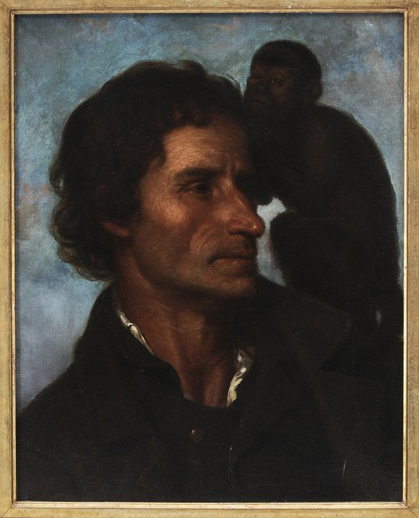 American School: (19th century) Man With Monkey, unsigned, oil on canvas with canvas stamp for Edw. Dechaux, New York, 21 x 16-3/4 in.; 19th century maple veneer frame, original stretcher and tacking edge, patch verso
