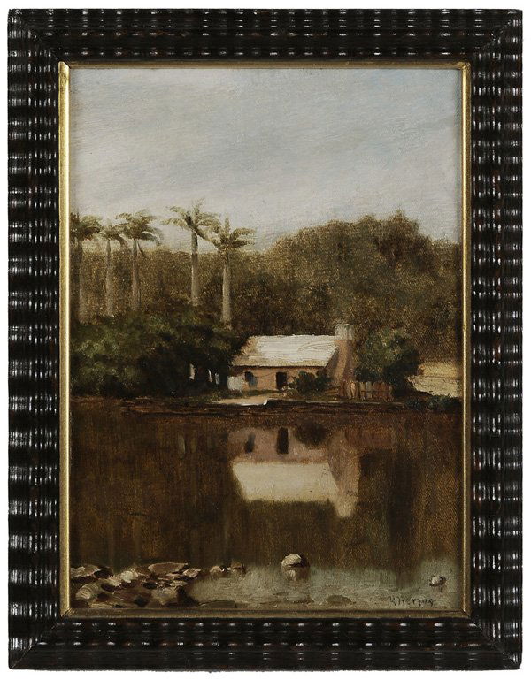 Hermann Herzog: (Pennsylvania/California/Germany, 1831-1932) Southern River Landscape, signed lower right "H. Herzog," oil on canvas, 12 x 8-7/8 in.; ripple molding frame, laid on fiberboard, 1 in. repair at left edg