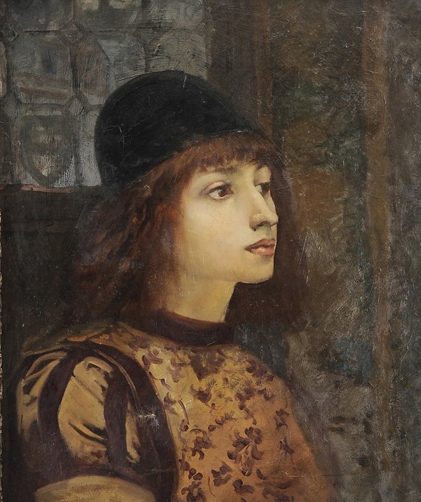 Jean-Jacques Scherrer: (French, 1855-1916) Portrait of an Italian Page, titled on frameplate [Le Jeune Florentin,] signed middle left "J. Sherrer", oil on canvas, 22 x 18-1/8 in.; gilt wood and composition cushion frame, pa