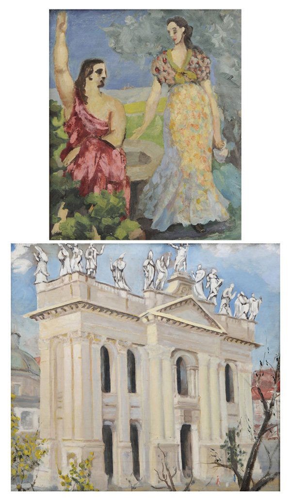 Morgan Russell: (California/France, 1886-1953) Two paintings: St. John, 18 x 15 in., [complex tear lower right;] St. John Lateron Church, Rome, 1934, 29 x 31-3/4 in, both unsigned, oil on canvas; wood frames, both wi