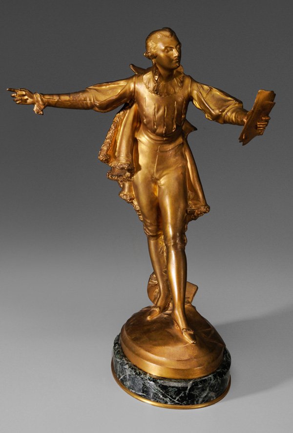 Paul Jean Marie Ducuing: (French, 1868-1949) Casanova, signed "Ducuing", stamped with foundry mark "F. Barbedienne Fondeur", gilt bronze on green marble base, 15-1/2 in., wear to gilt surface Provenance: