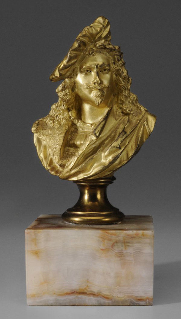 Albert Ernest Carrier-Belleuse: (French, 1824-1887) Bust of Rembrandt van Rijn, signed on truncation "A. Carrier", gilt bronze, 8-1/4 in., on newer onyx base, 11-1/4 in., wear to gilt surface, accretion, small chips to base Provenan
