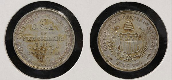 "1861" Confederate Scott Half Dollar: Token obverse inscribed "4 ORIGINALS STRUCK BY ORDER OF C.S.A. IN NEW ORLEANS 1861 [seven stars] Rev. SAME AS U.S. (FROM ORIGINAL DIE SCOTT)", reverse inscribed "CONFEDERATE STATES OF AMERICA HALF DOL