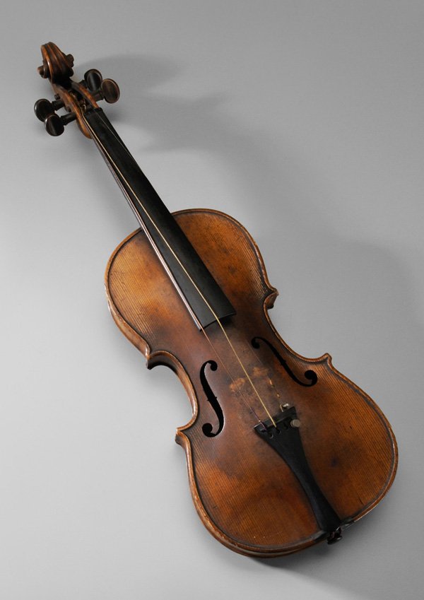Vintage Violin: figured back with inlaid edge, carved scroll, 23 in., surface wear and abrasions; marked with red accession number Provenance: Sold to Benefit the Speed Art Museum, Louisville, Kentucky