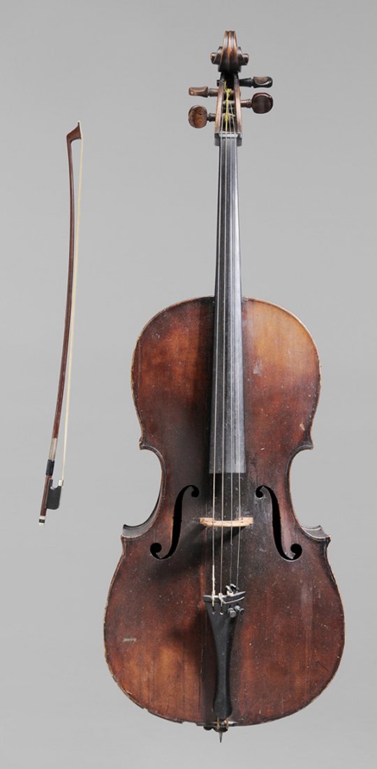 Vintage Cello, Swiss Bow: probably 19th century, cello with rich red varnished surface, 49 x 16-1/2 in., [several cracks and separations, surface wear and varnish losses, edge wear and losses, other repairs;] together with a s