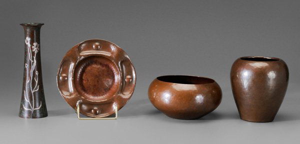 Four Pieces Art and Crafts Copper: circa 1900, comprising a low hammered bowl signed "Jarvie", 3-1/4 x 6-1/2 in.; hammered vase with window mark "Dirk Van Erp", 5-1/2 in.; hammered small bowl or ashtray signed "The Craftsman Workshops