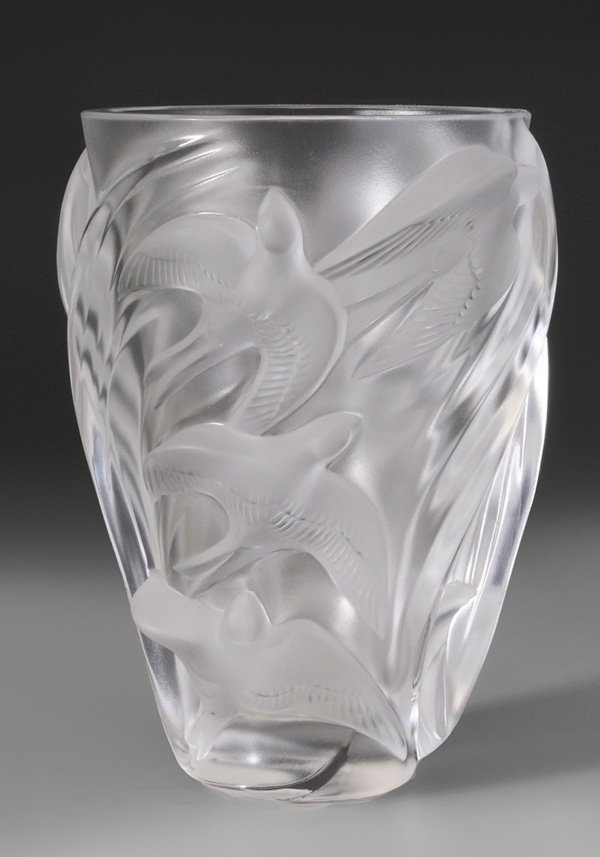 Lalique Frosted Glass Martinets Vase: French, late 20th century, base marked "Lalique France", 9-12 in., excellent condition Provenance: Estate of the Late William R. Henry, Maryville, Tennessee