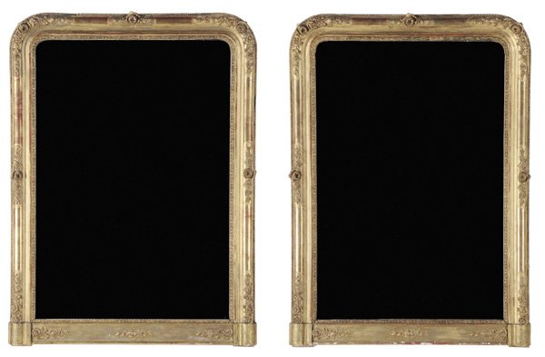 Pair Gilt Wood Pier Mirrors: probably French, 19th century, each with floral composition ornament and gilt surface with arched mirror plate and paneled back, 56-1/4 x 42 x 3 in., surface wear and losses with some paint retouch to