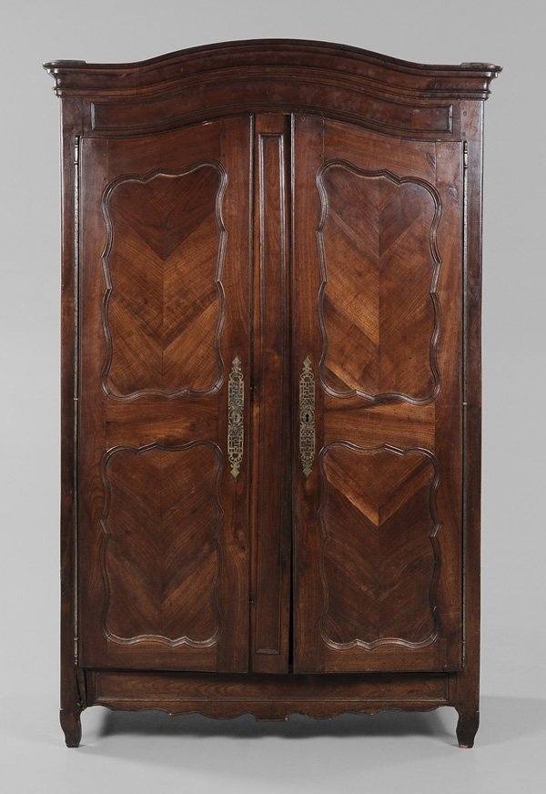 Provincial Louis XV Armoire: French, 18th/19th century, fruitwood parquetry veneers, steel hinges and brass escutcheon plates, 92 x 59 x 25 in., scattered pest damage, warping to doors, original feet with separations at one skirt