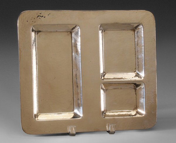 Hammered Sterling Sectional Tray: American, 20th century, rounded rectangle with three compartments, marks for Graff, Washbourne & Dunn (New York City, working 1899-1961), retailer Spaulding & Co. (Chicago, Illinois, working 1888-1973