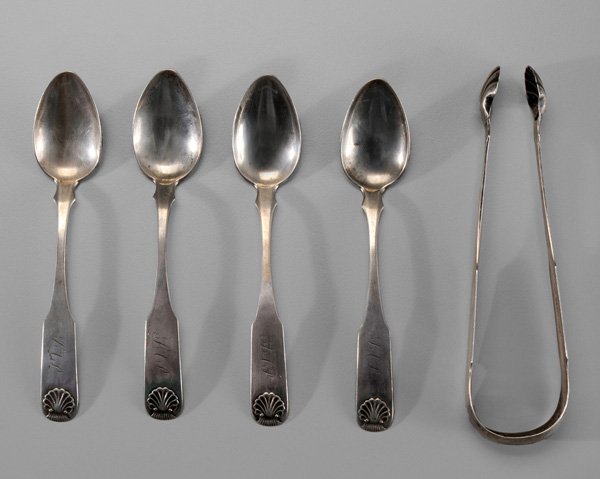 Five Pieces Southern Coin Silver: Flatware American, early 19th century: four teaspoons, fiddle handles with shell tips, marks for Charles A. Burnett (Alexandria, Virginia, 1793-1796, and Georgetown, DC, working 1796-1840), monograms,