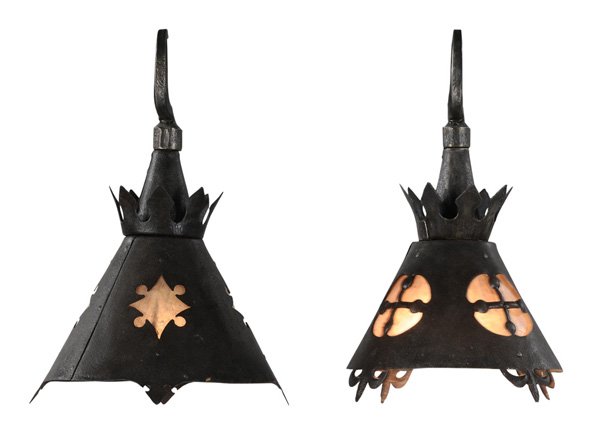 Near Pair Samuel Yellin Hanging: Fixtures each with castellated tops over cone-shaped bodies, one with four windows with cross-shaped openings, one with four windows with modified diamond openings, all windows with mica backing, simi