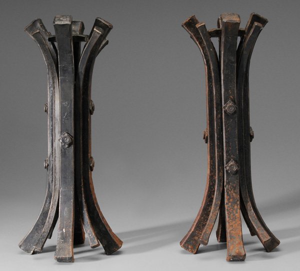 Pair Monumental Wrought Iron: Candlesticks flared tops and bases, both marked "Susan Madacsi 2002", 17 in., scattered light rust, otherwise good condition Provenance: Collection of Tim Kris, Brasstown, North Carolina