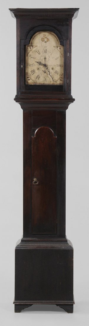 Virginia/Tennessee Walnut Tall Case: Clock the New England dial signed "S. Thomas Plymouth" (Seth Thomas, Plymouth, Connecticut), early 19th century, arched painted wooden dial in waisted walnut case with poplar secondary, wooden works,