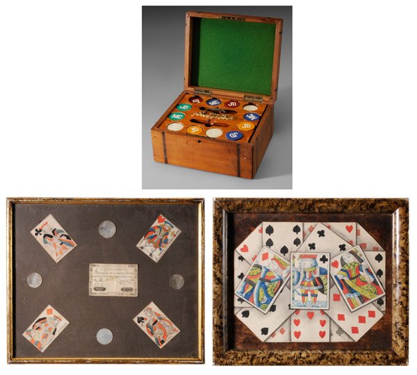 Playing Cards, Poker Chips: framed group of four hand-colored French playing cards, four mother-of-pearl poker chips, printed and handwritten receipt for five books [Cing Livres] dated 1791, 12-1/4 x 14-2/3 in. (sight), [receipt