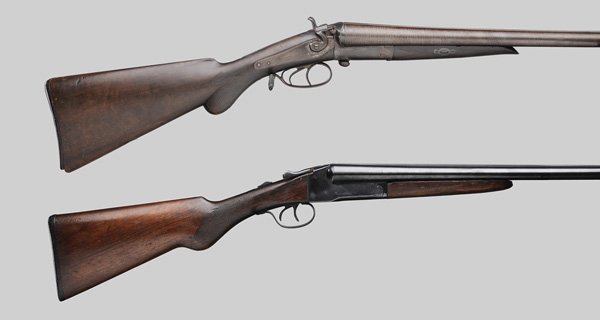 Two Double-Barrel Shotguns: W. Richards 12 ga., 30-1/2 in. Damascus barrels marked "Fine Laminated Steel", serial number 3150, no permit required, [old patinated surfaces throughout, stock with large repair at waist, otherwise g