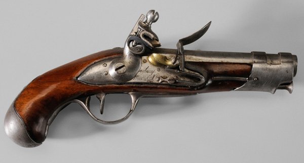 French Officer's Flintlock Coat Pistol: British or Continental, late 18th century, .60 cal. smooth bore, 5 in. round barrel with faint marks, lockplate marked "Mauburge/Man…"; no permit required, metal parts with old polishing, pewter col