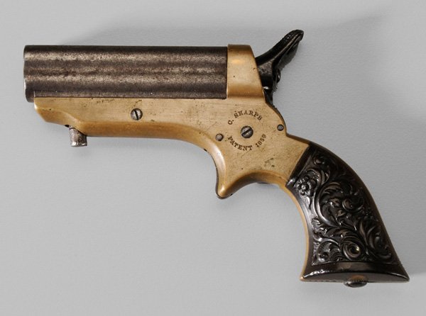 Sharps Model 2C Four-Shot Pepper Box: Pistol .422 cal., 2-1/2 in. barrels, brass frame marked "C Sharps Patent 1850", serial number 11708, grips with scroll decoration; no permit required, good condition, surfaces with mellow old patina, 