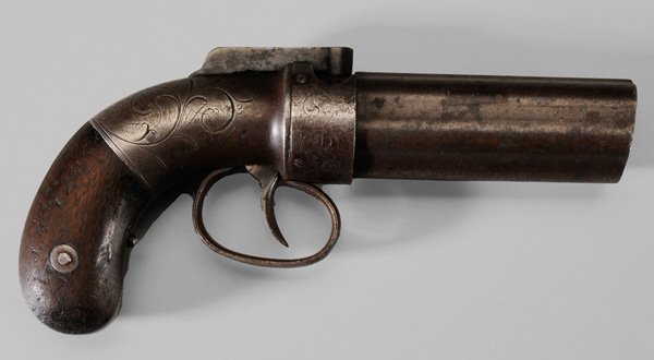 Allen & Thurber Pepper Box: .31 cal. six-shot, 3-3/8 in. barrel marked "Allen & Thurber/Worcester", bar hammer marked "Allen's Patent 1845", scrolled frame; no permit required, barrel with old brown patina, scattered light corro