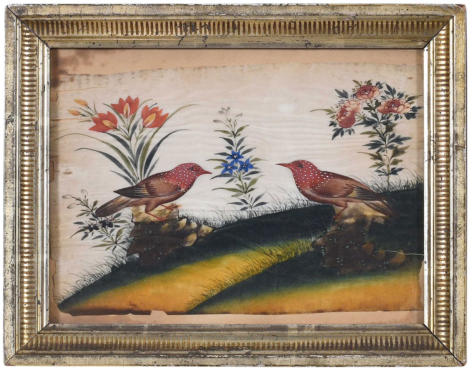 Framed Asian School Painting of Starlings on Fabric (1 of 5)