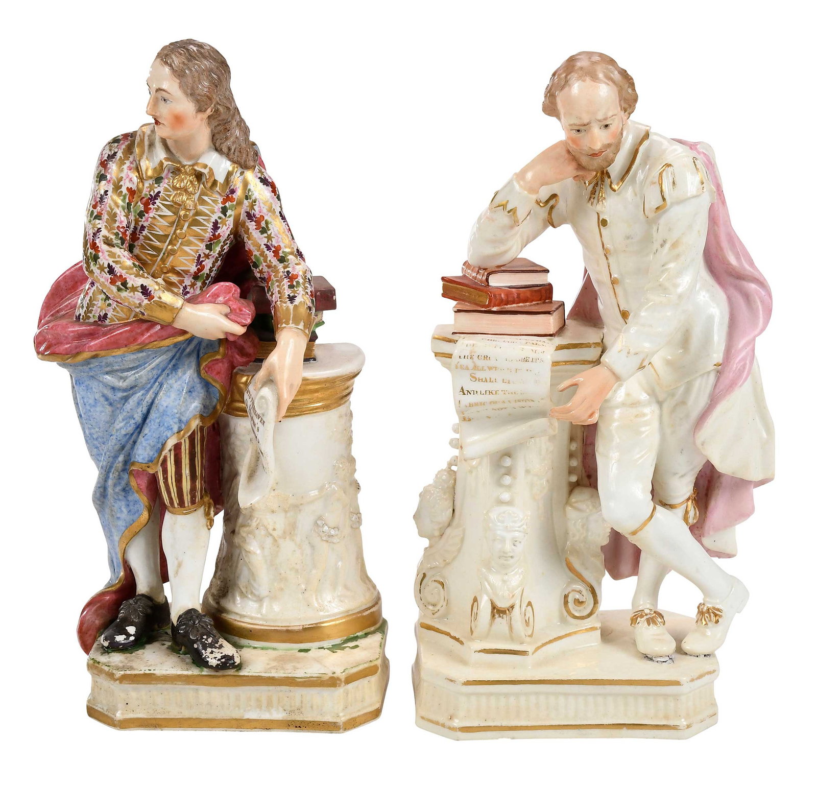 Two Derby Porcelain Figures: 19th century, depicting Shakespeare and Milton, each standing next to a column with books, hand painted with gilt highlights, plinth base, incised marks to base, taller 10 in. Provenance: Private Coll