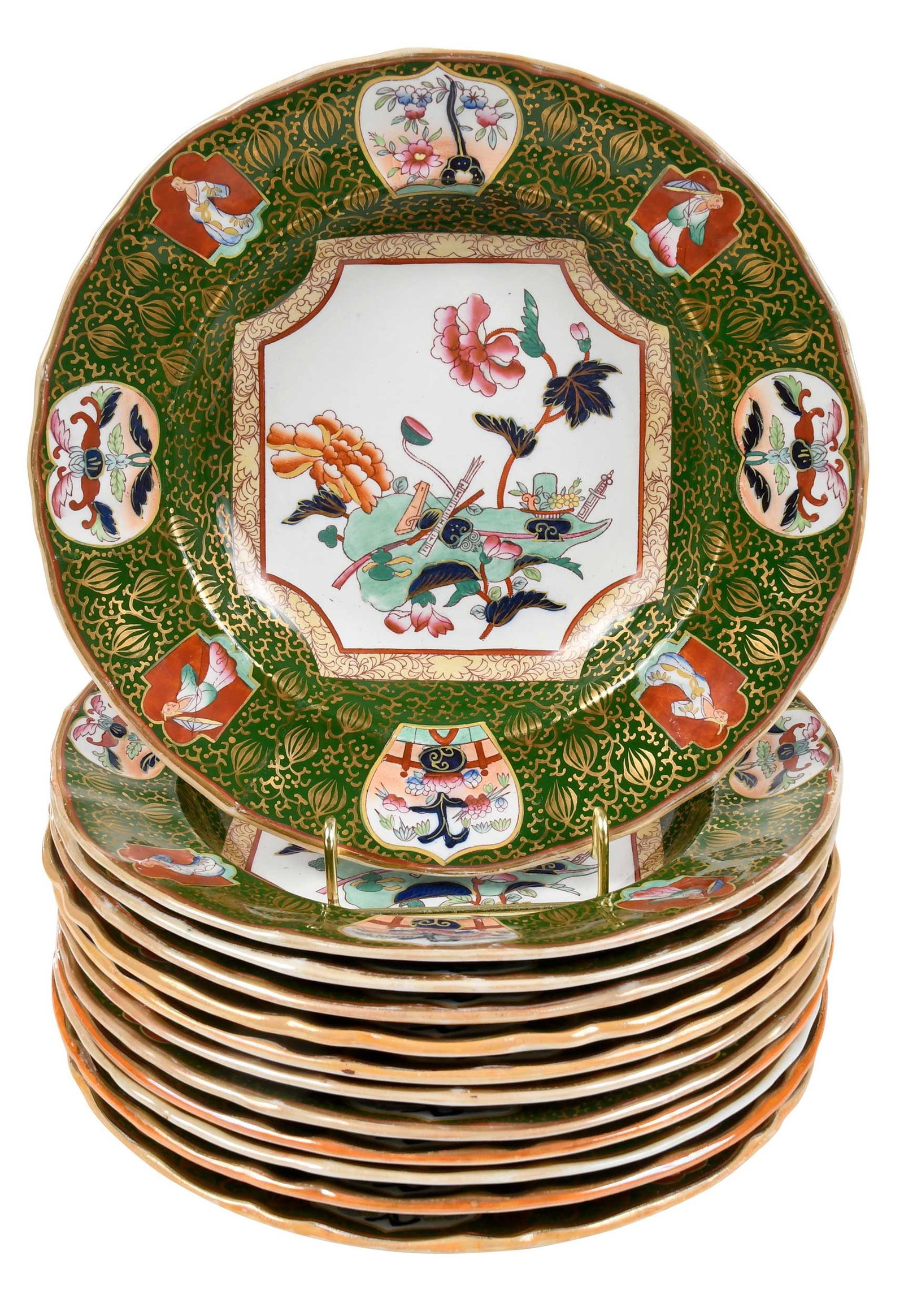 12 Ironstone Porcelain Plates with Chinoiserie Motifs: 19th century, Ironstone/English Coat of Arms marks to bases, enamel decorated with chinoiserie motifs, gilt highlights, 1-3/4 x 10-1/4 in. Provenance: A Washington, D. C. Estate