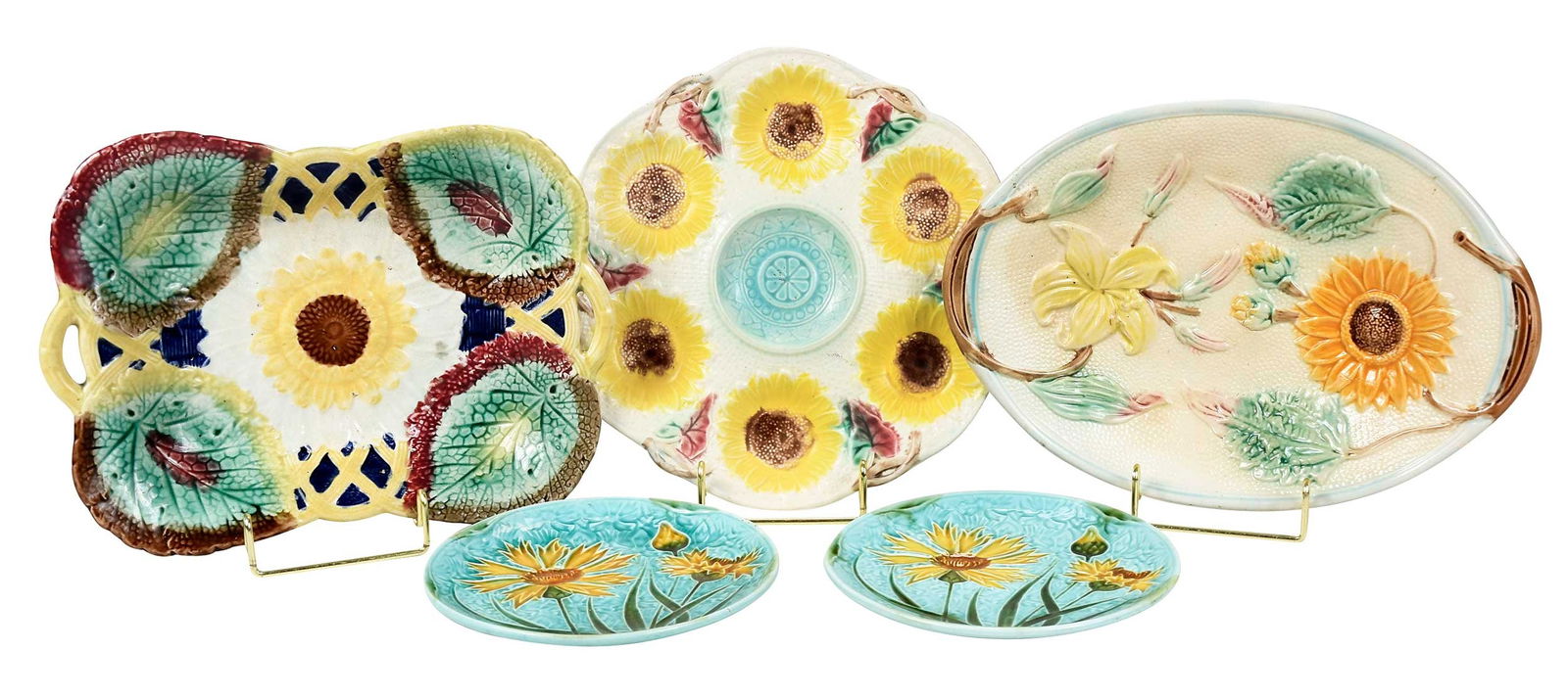 Five Sunflower Decorated Majolica Plates (1 of 9)