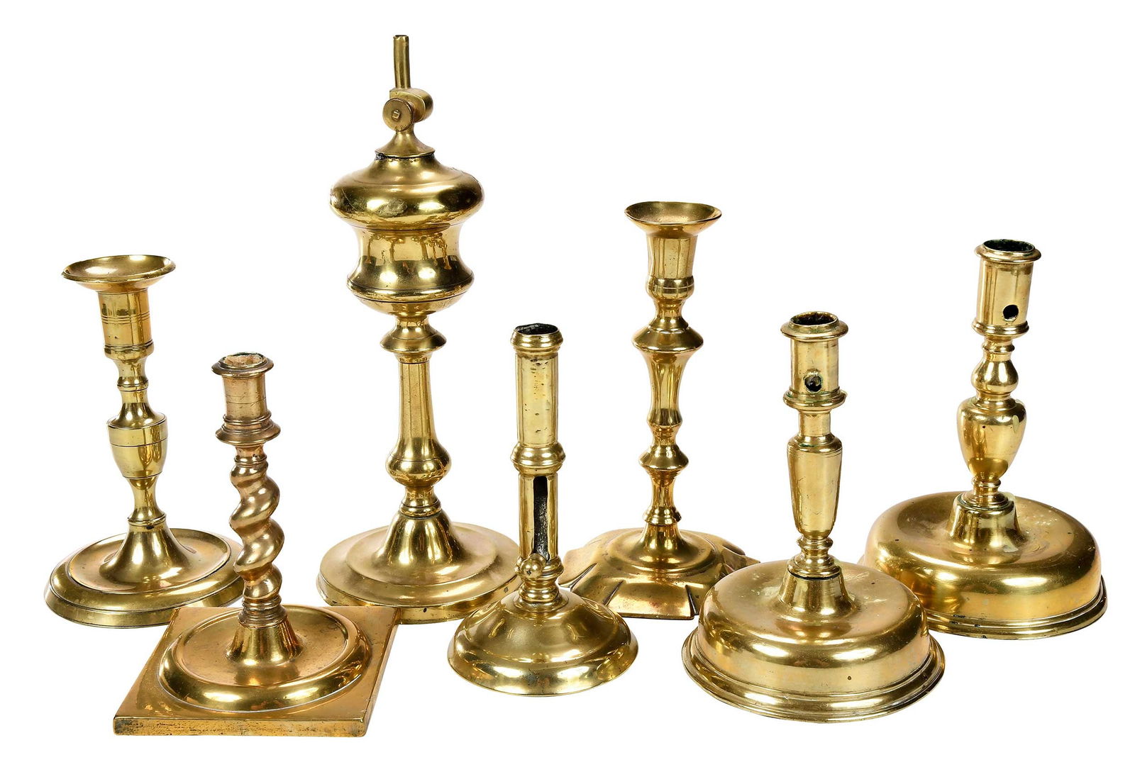 Set of Six Brass Candlesticks and One Oil Lamp (1 of 4)