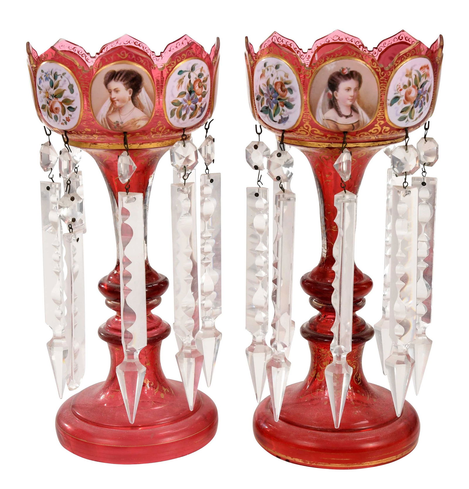 Pair of Painted and Gilt Decorated Cranberry Glass Lusters (1 of 8)