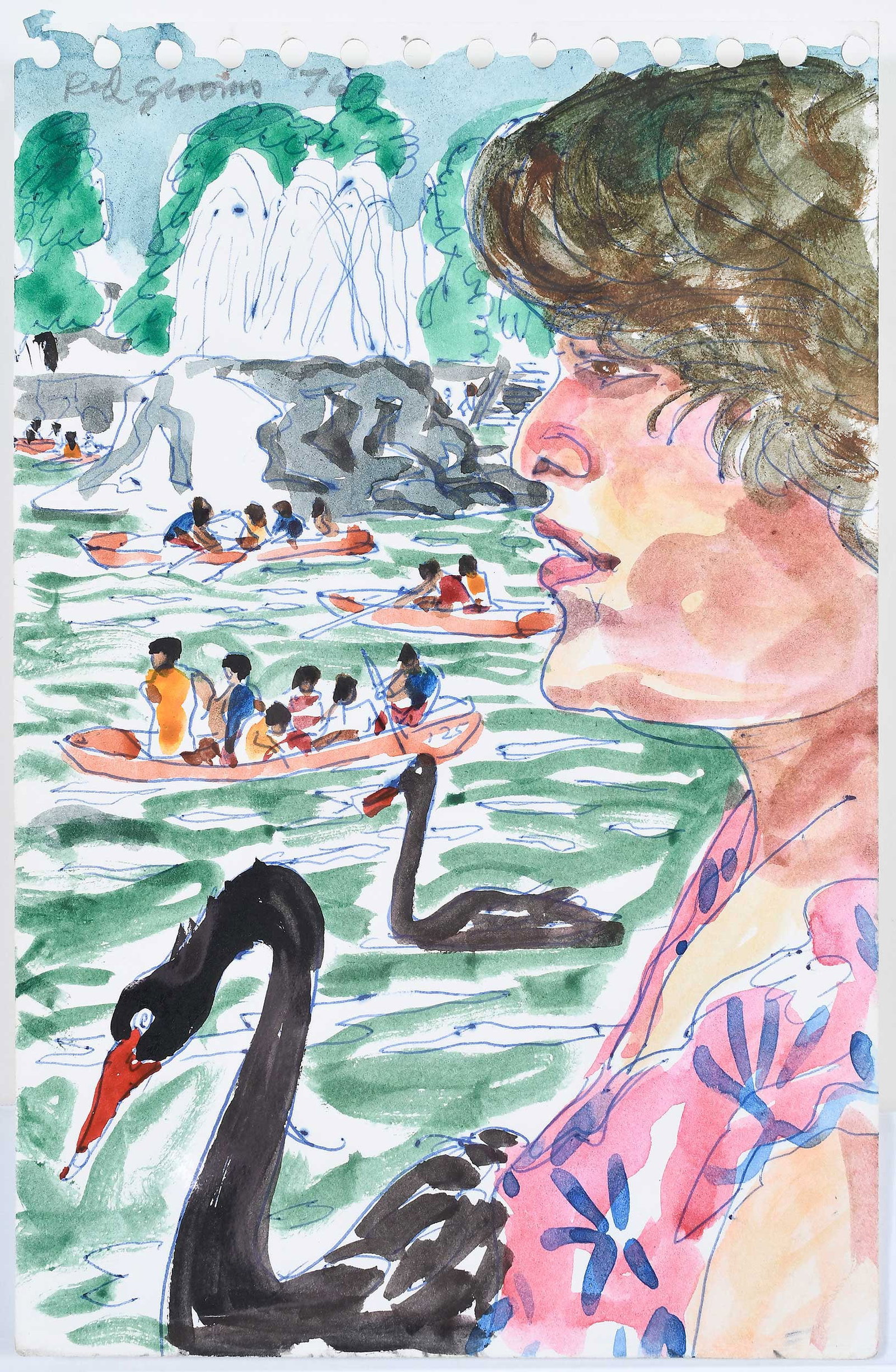 Red Grooms: (Tennessee/New York, born 1937) Swans at Ixtapa Fountain, 1976, signed upper left "Red Grooms '76", watercolor and ink, 8-1/2 x 5-1/2 in.; unframed Provenance: Acquired from Artist