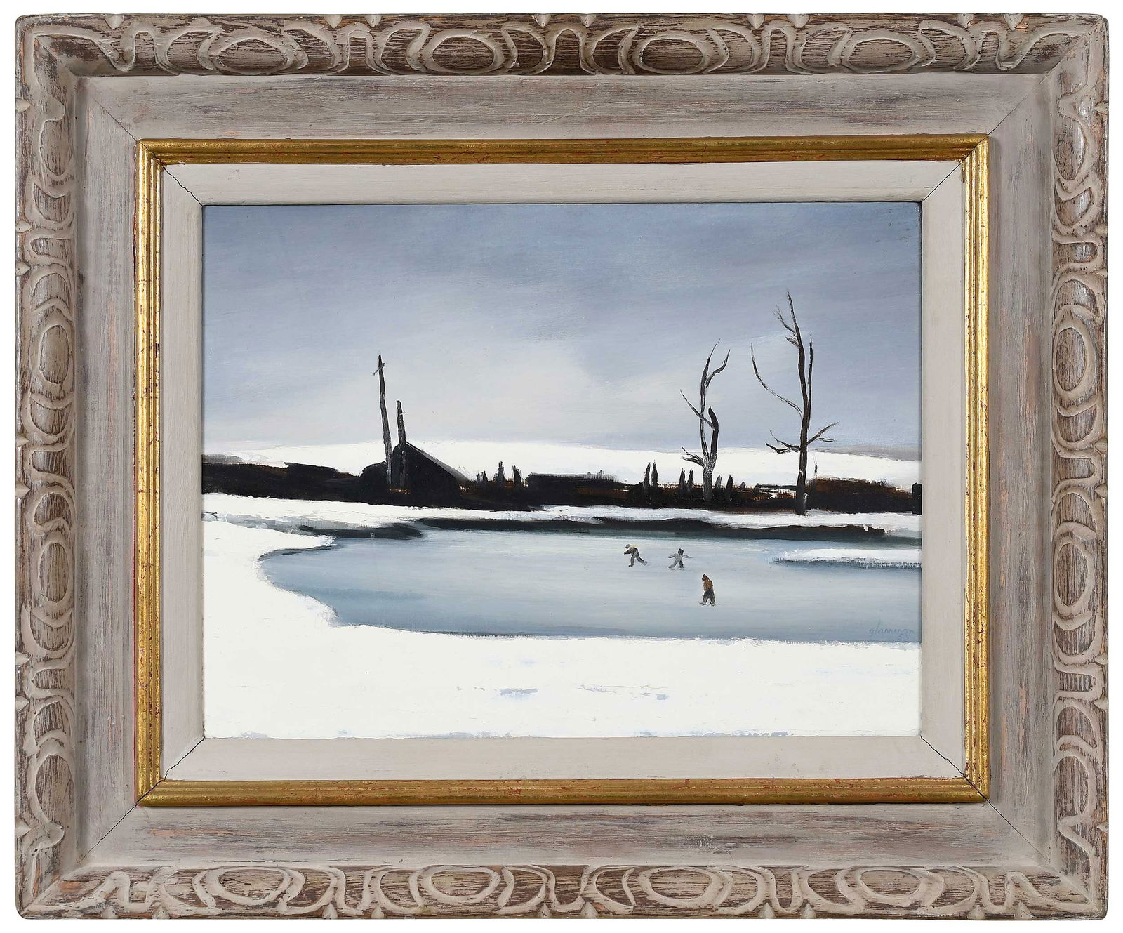 Edward Glannon: (1911-1992) Skaters: The Inlet, 1955, unsigned, oil on Masonite, 11 x 15-7/8 in.; chip carved pickled wood frame, 19-3/8 x 23 in. Provenance: Property of a Georgia Institution