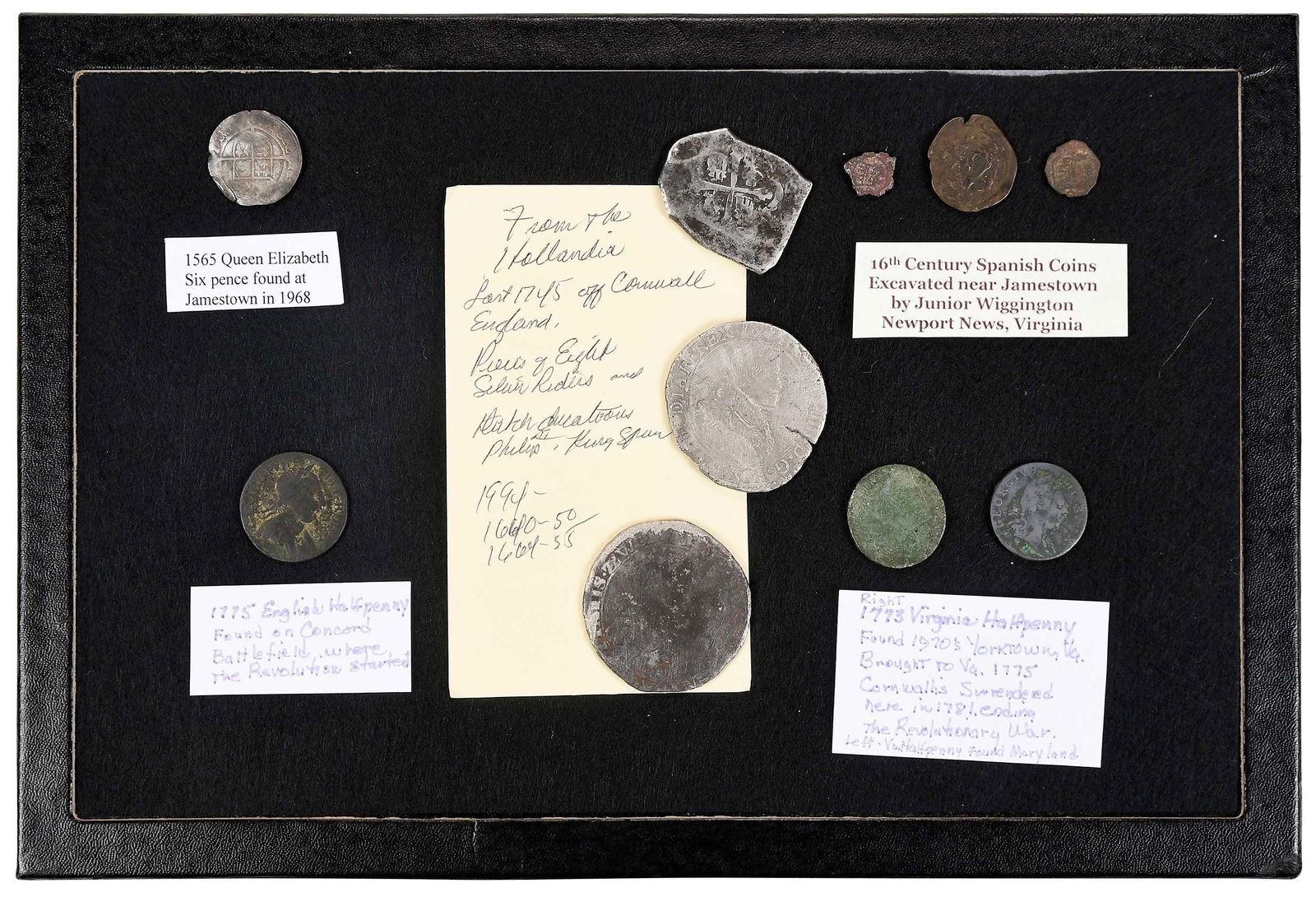 Ten Colonial Era Coins in Shadowbox, Many Excavated (1 of 9)