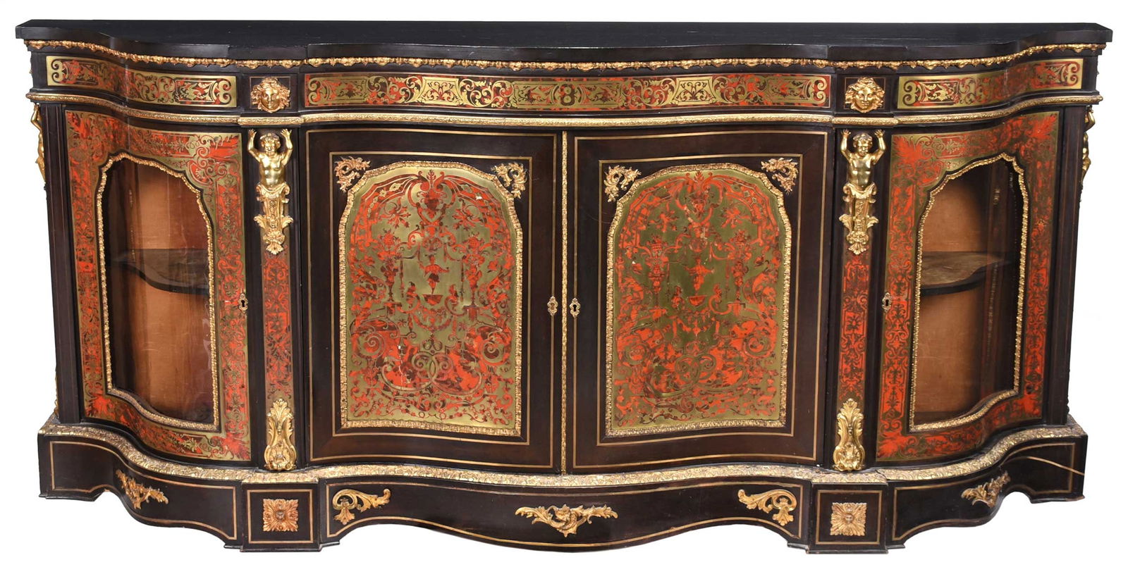 Victorian Bronze Mounted, Mahogany and Boulle Sideboard in the Napoleon III Taste: Scotland, late 19th century, labeled "John Taylor & Son, Edinburgh", shaped ebonized top, conforming frieze and case decorated with elaborate Boulle inlay, mythological masks and putto caryatids, pane
