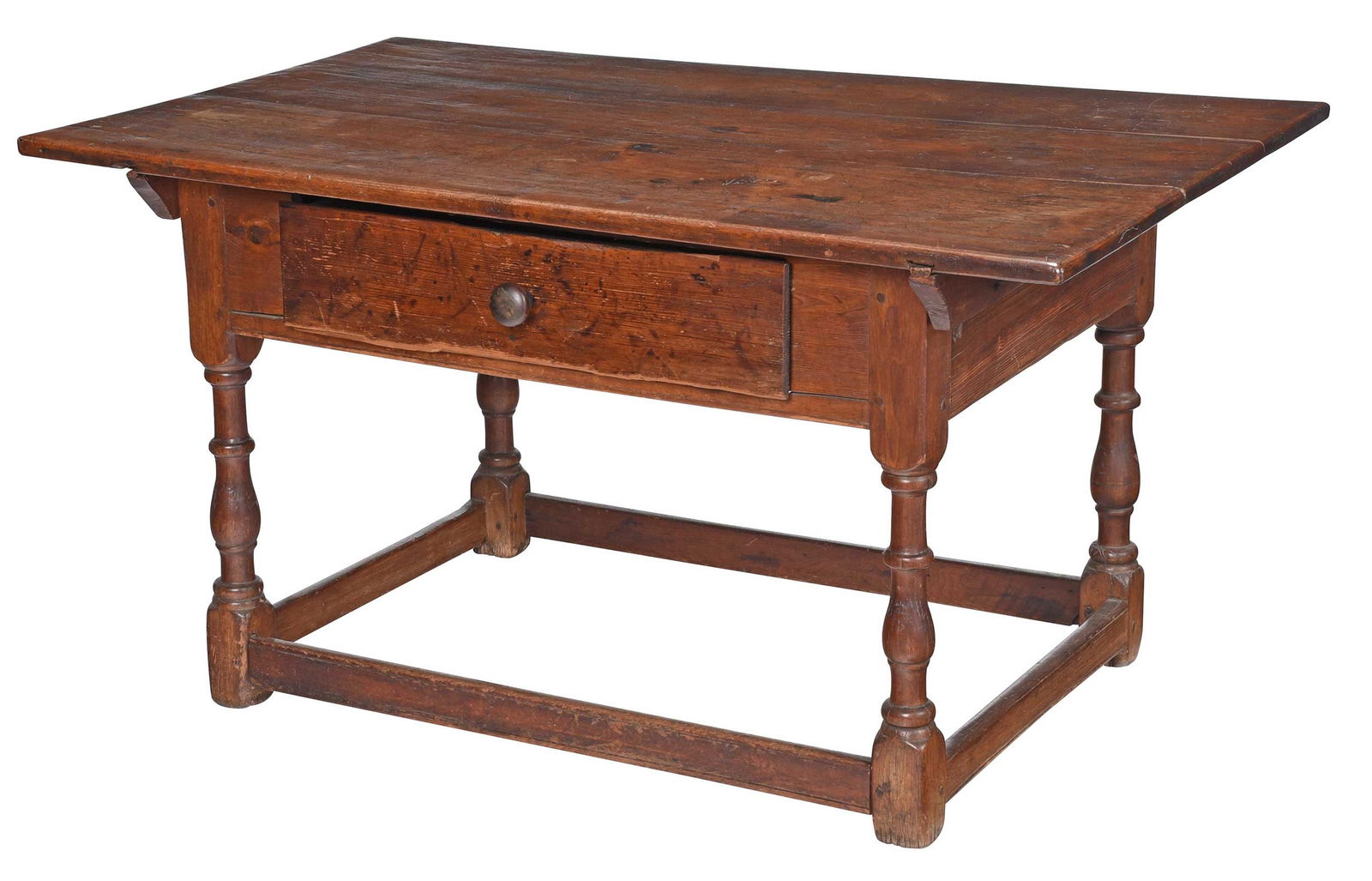 American Baroque Walnut and Yellow Pine Stretchered Base Tavern Table (1 of 4)
