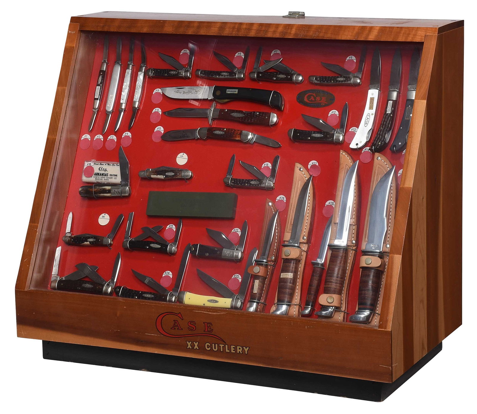 Case Counter Display with 29 Knives and Additional Accessories: late 1970s/early 1980s floor display containing 29 total knives with popular models to include: canoe, cheetah, sod buster, congress, and fixed blade, among other pocket knives, with various handles i