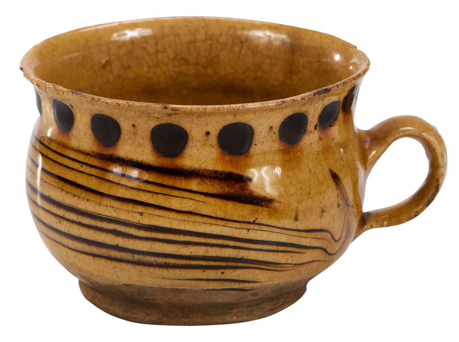 Staffordshire Slipware Cup: early 18th century, trailed around the body with vertical lines beneath the rim, decorated with dark brown dots, 3 in. Provenance: Alistair Sampson Antiques, Ltd., London; Property from the Collection