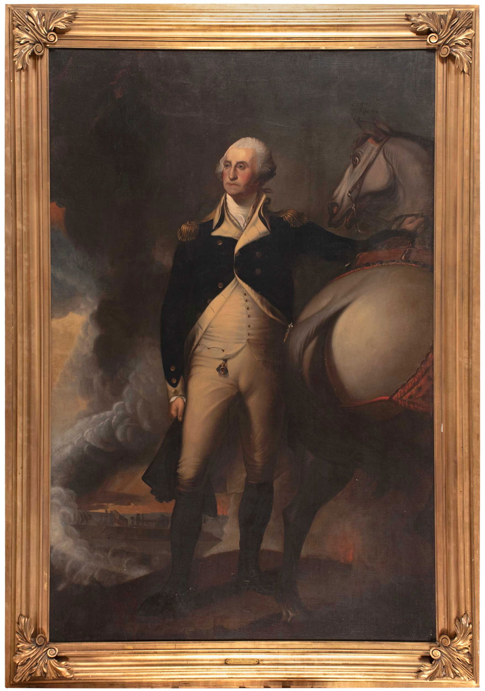 Jane Stuart: (American, 1812-1888) General George Washington, after George Washington at Dorchester Heights, by her father, Gilbert Stuart (1755-1828), unsigned, oil on canvas, 109 x 72-1/2 in.; possibly original