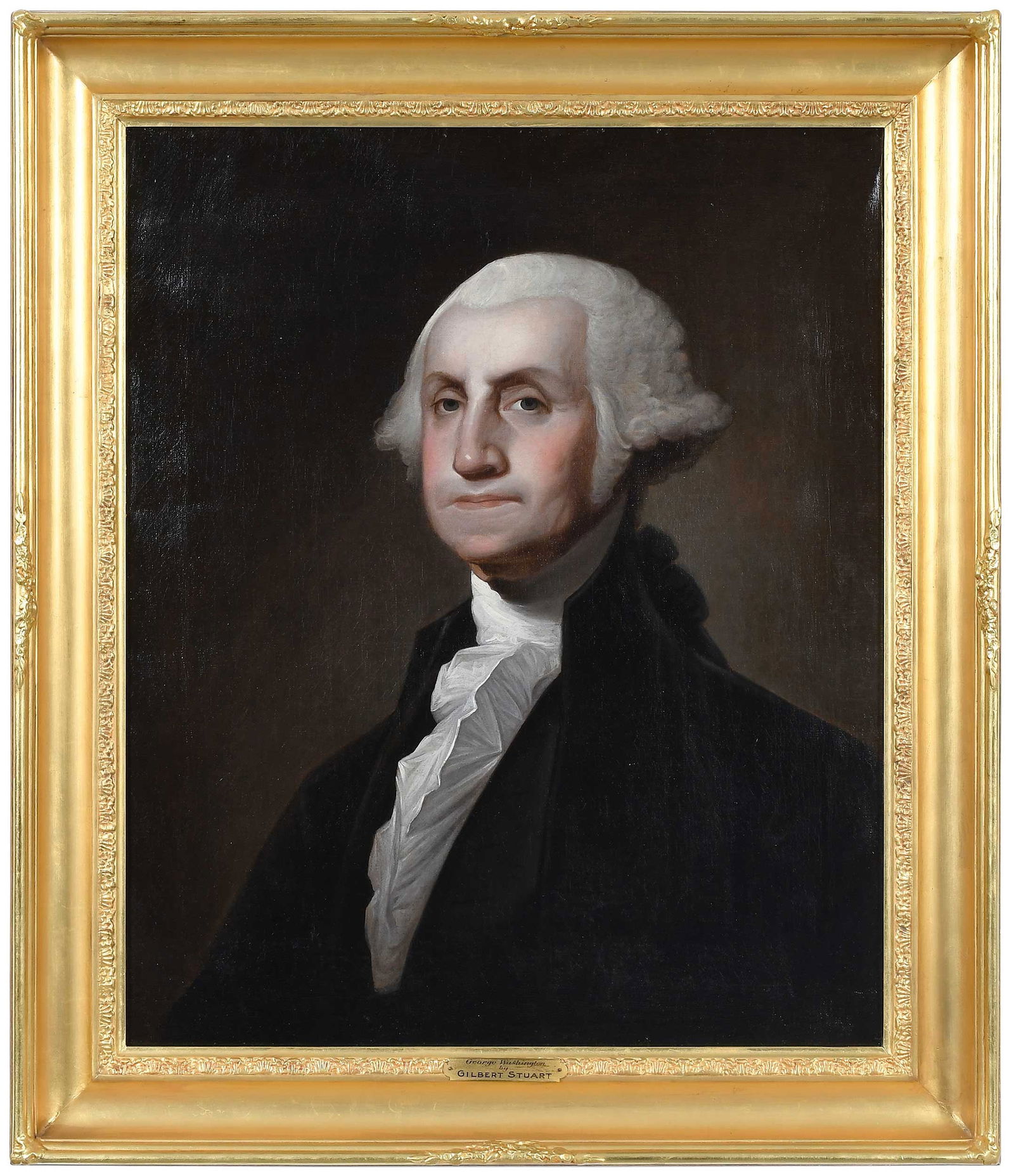 Portrait of George Washington after Gilbert Stuart: (American, 1755-1828) A fine copy of Gilbert Stuart's Athenaeum type portraits, unsigned, oil on canvas, 30 x 25 in.; period carved gilt wood frame, 36-1/2 x 31-1/2 in. Provenance: (Per Keno Auctions)