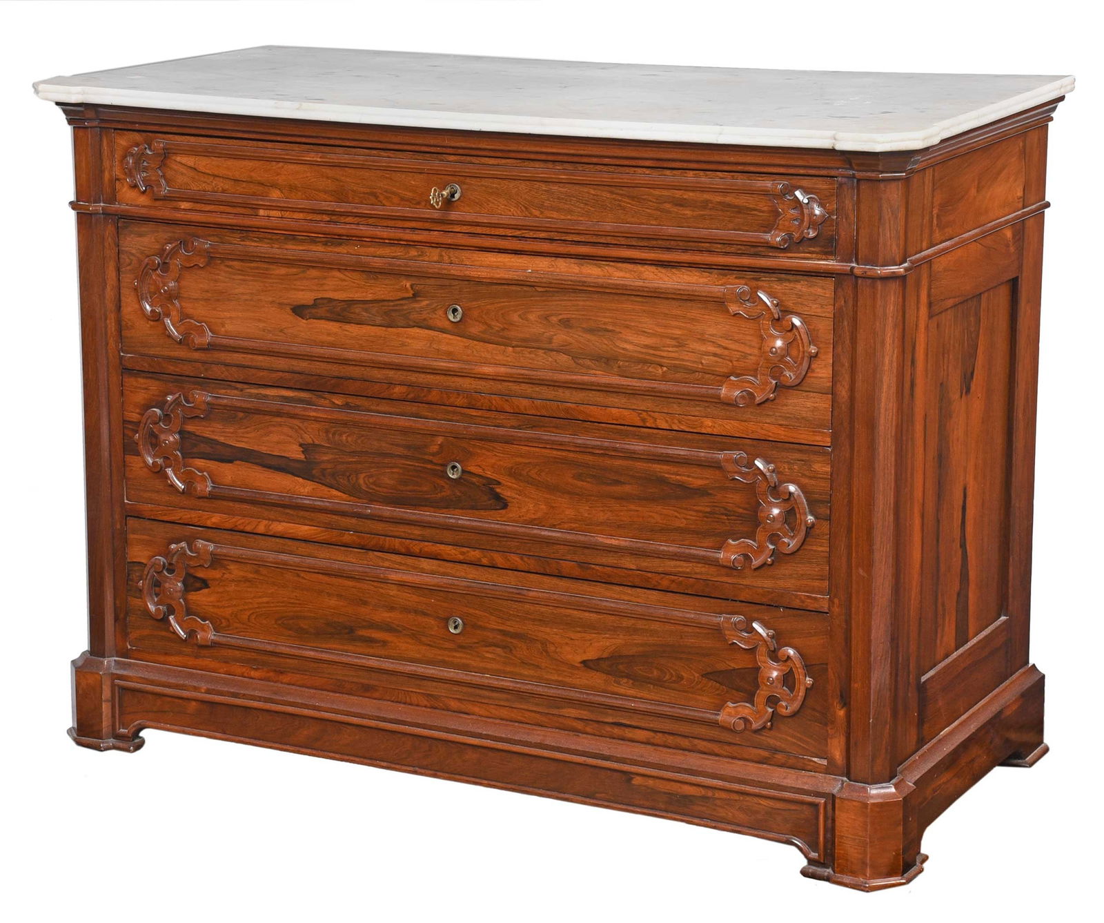 American Gothic Rosewood and Marble Top Chest of Drawers: circa 1840-1850, stenciled "J. Dessoir" for Julius Dessoir, New York, shaped marble top with reeded edge, four graduated drawers with stylized scrolled panels and maple interior, octagonal form column